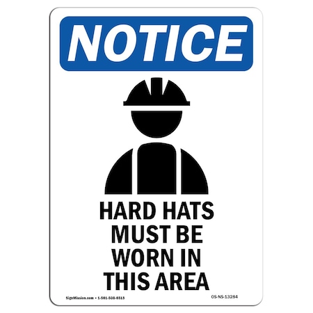 OSHA Notice Sign, Hard Hats Must Be With Symbol, 14in X 10in Rigid Plastic